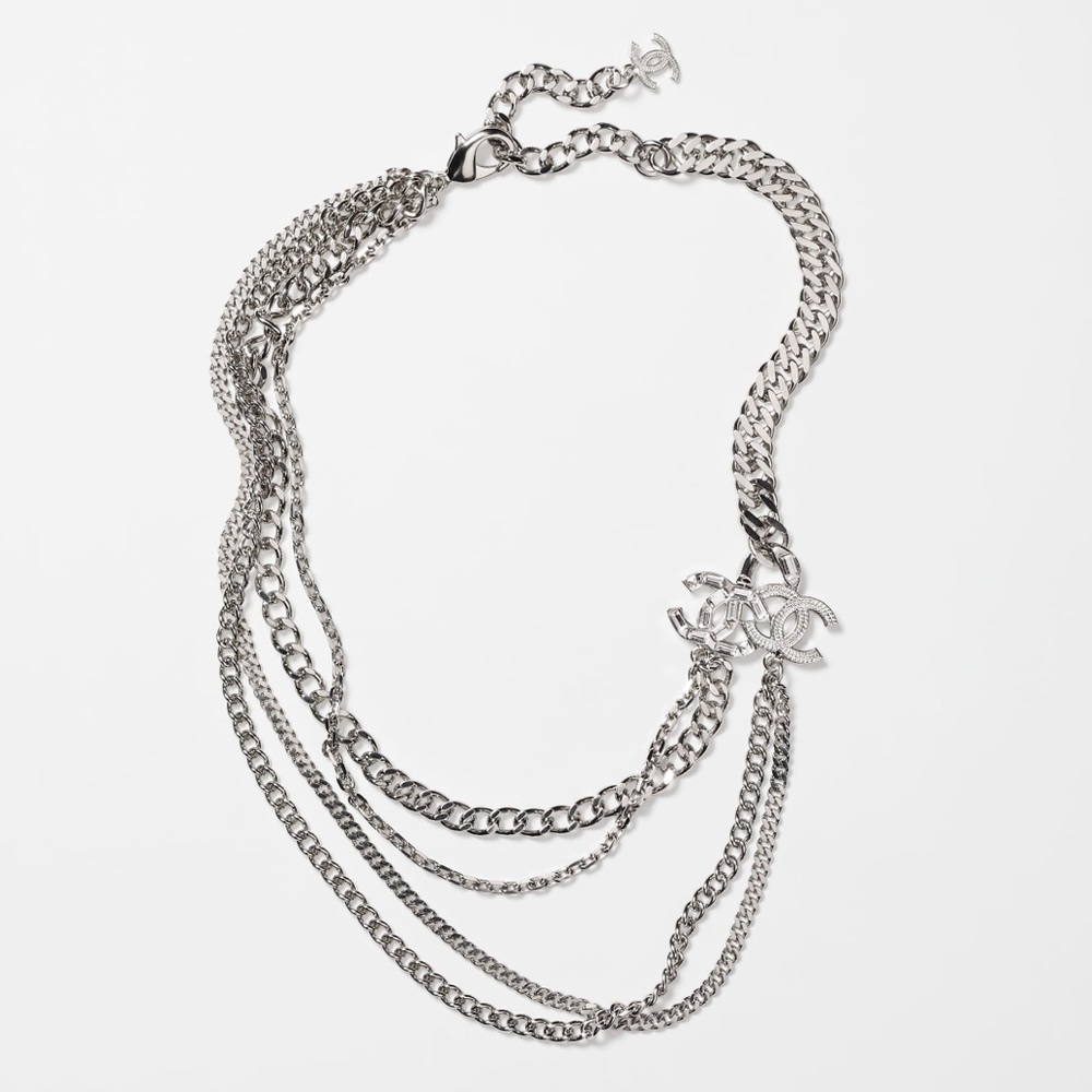 CHANEL Silver tone B22 P CC logo Strass and Crystal necklace